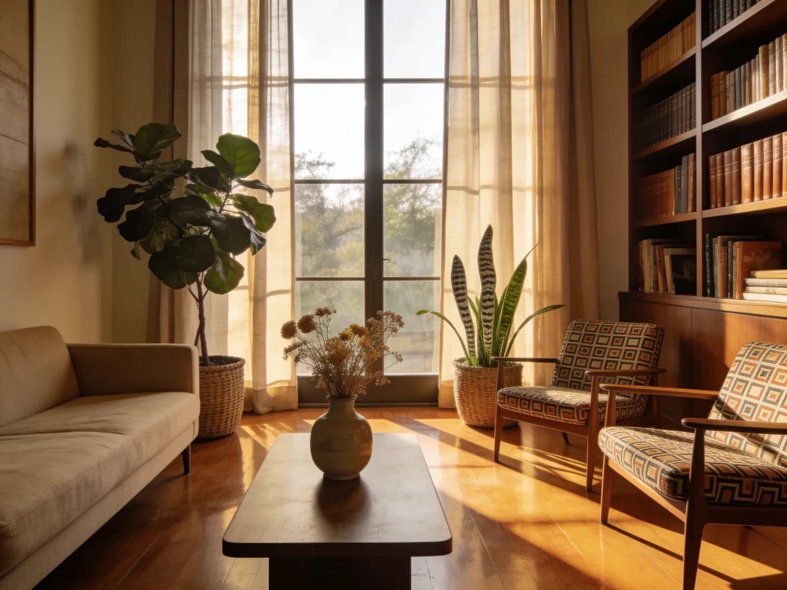 Mid-century living room at golden hour